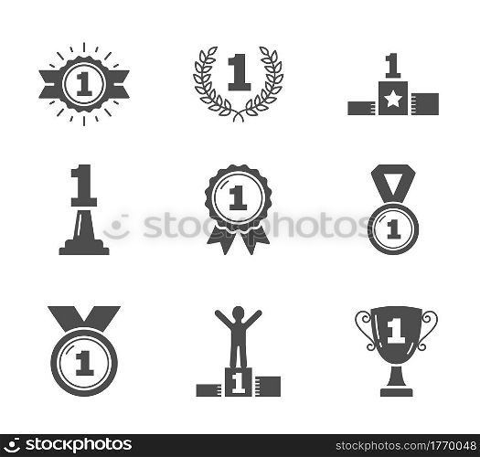 Icons with number one, champion, winner, leader, success icons, vector eps10 illustration. Number One Icons
