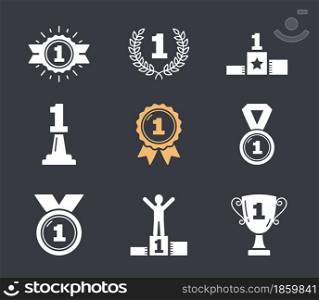 Icons with number one, first place icons, champion, winner, leader, success, vector eps10 illustration. First Place Icons