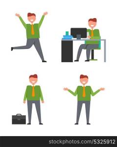 Icons with Office Worker Vector Illustration. Set of four icons with office happy worker on his workplace in front of monitor or just standing with case. Vector illustration islated on white background