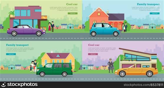 Icons with Vehicles. Cool Car. Family Transport.. Collection of icons with various vehicles. Cool violet car with shifted roof and yellow limousine near modern houses. Family transport. Green minivan and small blue car on road near families. Vector