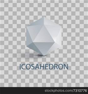 Icosahedron isolated white three-dimensional shape. Complicated geometric figure composed of regular triangles that casts shade vector illustration on transparent background. Icosahedron Isolated White Three-Dimensional Shape