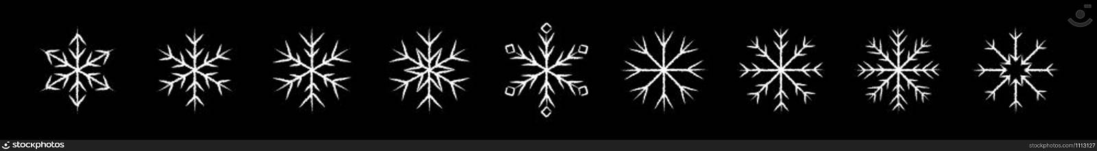 Icy snowflakes winter decoration collection vector illustration. Set of chalk sketch white snowflake icons on blackboard for new year celebration design or winter season festive ornament decoration. White chalked snowflakes winter decoration set