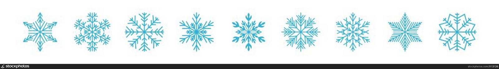 Icy snowflakes winter decoration collection vector illustration. Set of flat blue line snowflake icons on white background for new year celebration design or winter season festive ormament decoration. Blue icy snowflakes winter decoration collection