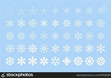 Icy snowflakes winter decoration collection vector illustration. Set of flat blue line snowflake icons on white background for new year celebration design or winter season festive ormament decoration. Blue icy snowflakes winter decoration collection