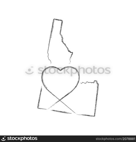 Idaho US state hand drawn pencil sketch outline map with heart shape. Continuous line drawing of patriotic home sign. A love for a small homeland. T-shirt print idea. Vector illustration.. Idaho US state hand drawn pencil sketch outline map with the handwritten heart shape. Vector illustration