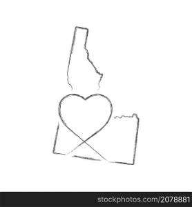 Idaho US state hand drawn pencil sketch outline map with heart shape. Continuous line drawing of patriotic home sign. A love for a small homeland. T-shirt print idea. Vector illustration.. Idaho US state hand drawn pencil sketch outline map with the handwritten heart shape. Vector illustration