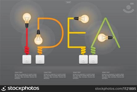 ""Idea" Abstract linear alphabet of light bulb and light switch on gray background. Lamp and switch with area for infographic and text. Vector illustration."