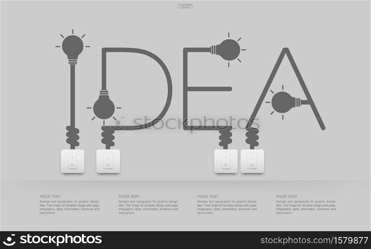 ""Idea" Abstract linear alphabet of light bulb and light switch on white background. Lamp and switch with area for infographic and text. Vector illustration."