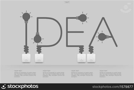 ""Idea" Abstract linear alphabet of light bulb and light switch on white background. Lamp and switch with area for infographic and text. Vector illustration."