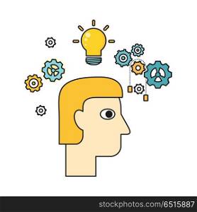Idea and Brainstorm Illustration In Flat Design.. Idea and brainstorm vector in flat style. Human face with bulb and gears Illustration for intellectual concept, illuminating stores ad, application icons, logo design. Isolated on white background.