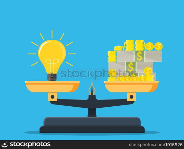 Idea and money stack balance on libra. Idea is money concept. Investment in an idea. Vector illustration in flat style. Idea and money stack balance on libra.