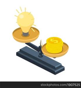 Idea and money stack balance on libra. Idea is money concept. Isometry 3D icon. Investment in an idea. Vector illustration in flat style. Idea and money stack balance on libra.