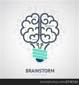 Idea brainstorm design concept with creative vision symbols in lightbulb brain shape vector illustration
