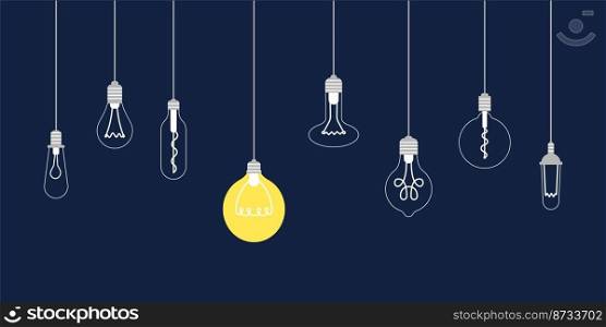 Idea bulb banner. Innovations thinking, creative science or business think. Different light bulbs hang on rope. Inspiration concept, recent vector background. Illustration of idea creative innovation. Idea bulb banner. Innovations thinking, creative science or business think. Different light bulbs hang on rope. Inspiration concept, recent vector background
