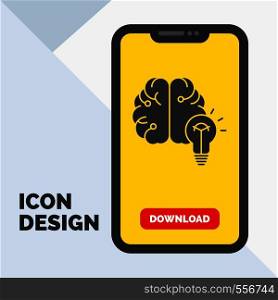 idea, business, brain, mind, bulb Glyph Icon in Mobile for Download Page. Yellow Background. Vector EPS10 Abstract Template background