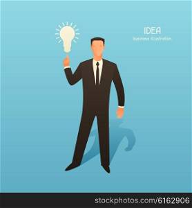 Idea business conceptual illustration with businessman and light bulb. Image for web sites, articles, magazines.