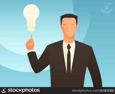 Idea business conceptual illustration with businessman and light bulb. Image for web sites, articles, magazines.