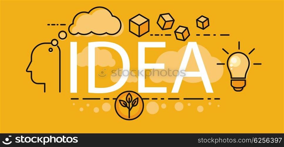 Idea business startup concept. Poster or a banner on the idea of human thought. Light bulb and plant sprout design flat style. Inspiration for startup, imagination and motivation. Vector illustration