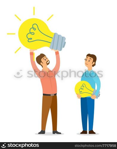 Idea concept, guy having new business idea or plan holding lamp bulb in hands, colleague man with lightbulb, innovative startup, project, solution of problem, businesspeople and invention, flat style. Idea concept, guy having new business idea or plan holding lamp bulb in hands, man with lightbulb