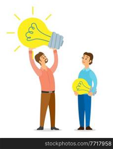 Idea concept, guy having new business idea or plan holding lamp bulb in hands, colleague man with lightbulb, innovative startup, project, solution of problem, businesspeople and invention, flat style. Idea concept, guy having new business idea or plan holding lamp bulb in hands, man with lightbulb