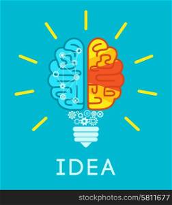 Idea concept with human brain in lightbulb shape flat vector illustration. Brain Idea Concept