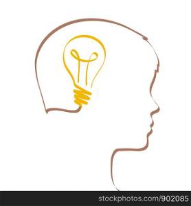 Idea concept with lightbulb and profile outline made of dashed line
