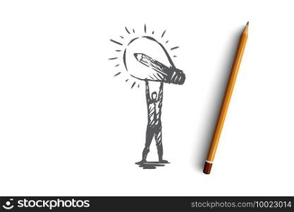 Idea, creative, l&, business, innovation concept. Hand drawn man with lightning bulb in hands concept sketch. Isolated vector illustration.. Idea, creative, l&, business, innovation concept. Hand drawn isolated vector.