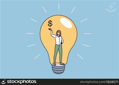 Idea, creativity and profit concept. Young smiling business woman standing inside of light bulb holding dollar sign on raised hand vector illustration . Idea, creativity and profit concept.