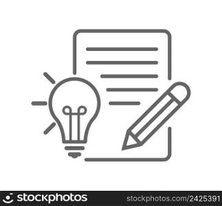 Idea description icon. A light bulb, a piece of paper and a pencil. Linear vector illustration.