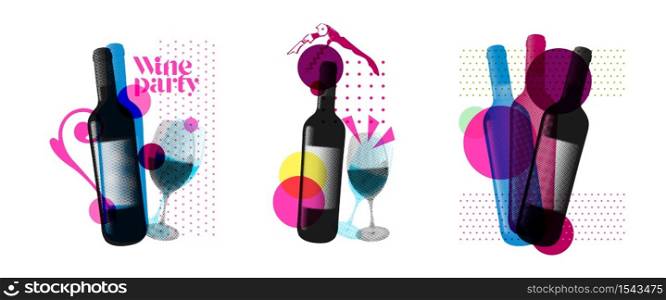 Idea for wine event. Illustration of bottle and wine glass with dotted pattern, retro 80s style, bright colors, pop art. For brochures, posters, invitations or banners. Vector.