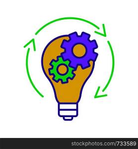 Idea generation color icon. Startup development. New business concept. Innovations. Light bulb with cogwheels inside and circle arrow. Isolated vector illustration. Idea generation color icon