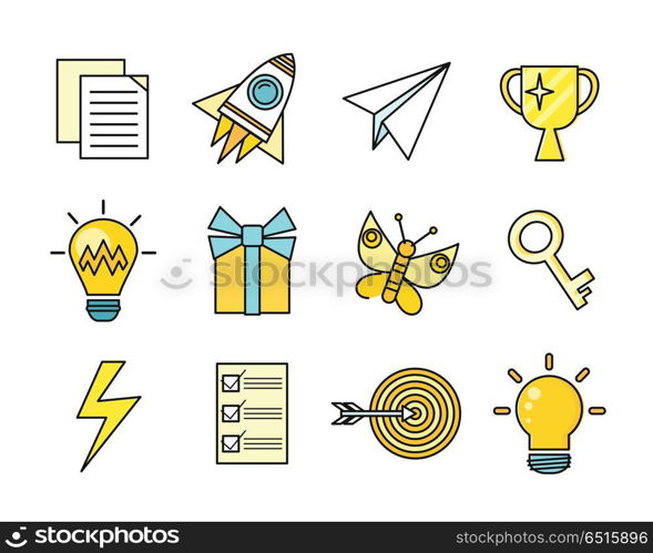 Idea Generation Icon Set. Idea generation icon set in flat. Idea generation, problem solving, strategy solution, analysis innovation, research, brainstorm, good solution, optimization insight inspiration illustration