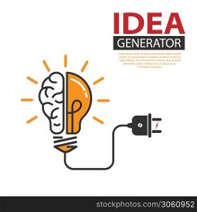 Idea Generator. The human brain and the light bulb. Editable vector illustration for website, booklet, project, and creative design. Stock image isolated on a white background.