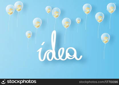 Idea hand draw typography on blue sky and clouds, paper cut business success and Bubbles money US dollar sign in balloon, idea text space background. Gold coins isolated abstract. Vector illustration