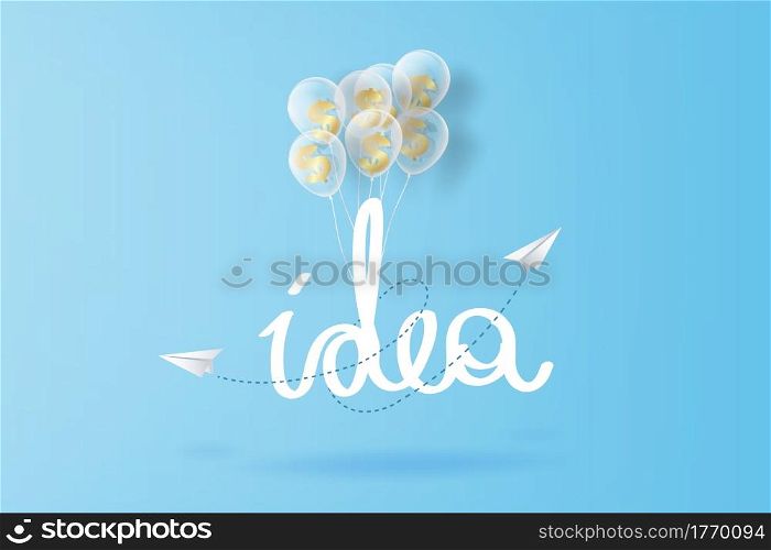 Idea hand draw typography.paper airplanes flying on blue sky and clouds, Creative paper cut business success and balloons with dollar money concept idea, text space background.Vector illustration