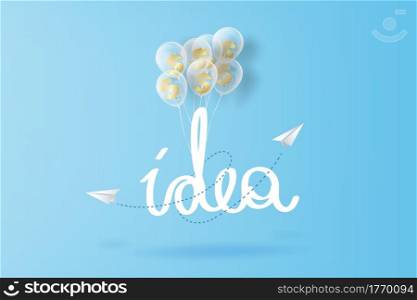 Idea hand draw typography.paper airplanes flying on blue sky and clouds, Creative paper cut business success and balloons with dollar money concept idea, text space background.Vector illustration