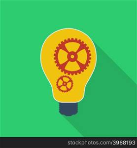 Idea icon. Bulb with gears. Modern Flat style with a long shadow