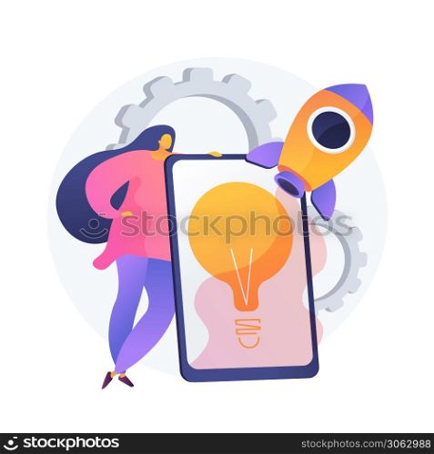 Idea implementation. Launching startup, creative thinking, innovative solutions. Businesswoman, investor, manager starting business project. Vector isolated concept metaphor illustration. Idea management vector concept metaphor
