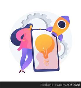 Idea implementation. Launching startup, creative thinking, innovative solutions. Businesswoman, investor, manager starting business project. Vector isolated concept metaphor illustration. Idea management vector concept metaphor
