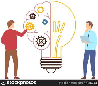 Idea, inspiration, innovation, problem solving, solution concept. People next to light bulb with gears. Colleagues create new idea, creative plan. Businessmen discussing strategy for startup. Colleagues create new idea, creative plan. Businessmen discussing strategy, solution of problem