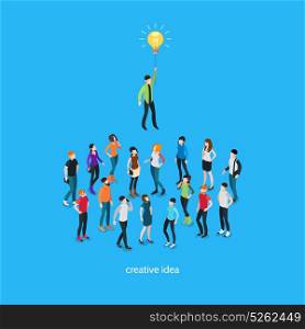 Idea Isometric Template. Idea isometric template with people and unique creative person in crowd on blue background isolated vector illustration