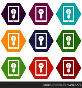 Idea lamp on gadget screen icon set many color hexahedron isolated on white vector illustration. Idea lamp on gadget screen icon set color hexahedron