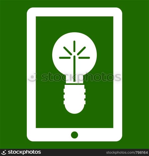 Idea lamp on gadget screen icon white isolated on green background. Vector illustration. Idea lamp on gadget screen icon green