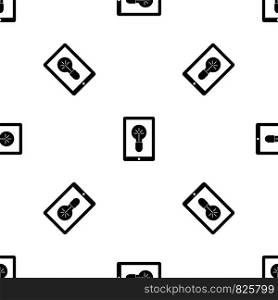 Idea lamp on gadget screen pattern repeat seamless in black color for any design. Vector geometric illustration. Idea lamp on gadget screen pattern seamless black