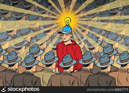 idea man in dull crowd. Pop art retro vector illustration. idea man in dull crowd