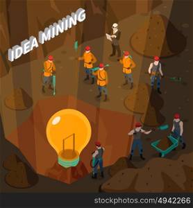 Idea Mining Isometric Concept. Idea isometric concept with people working in mine and holding mining inventory vector illustration