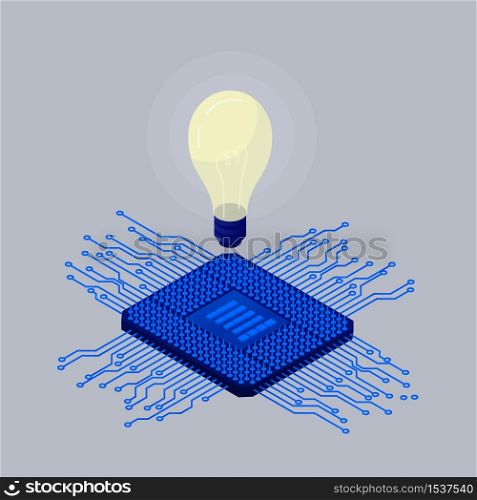 Idea of amplifying computer processor. Modern blue digital chip with burning light above it smart system for calculating updating Internet data possible vector microprocessor.. Idea of amplifying computer processor. Modern blue digital chip with burning light above it.