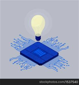 Idea of amplifying computer processor. Modern blue digital chip with burning light above it smart system for calculating updating Internet data possible vector microprocessor.. Idea of amplifying computer processor. Modern blue digital chip with burning light above it.