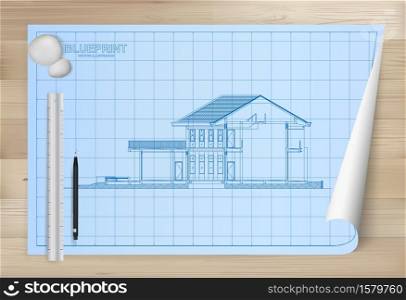 Idea of house on blueprint paper background. Architectural drawing paper on wooden texture background. Vector illustration.