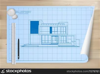Idea of house on blueprint paper background. Architectural drawing paper on wooden texture background. Vector illustration.